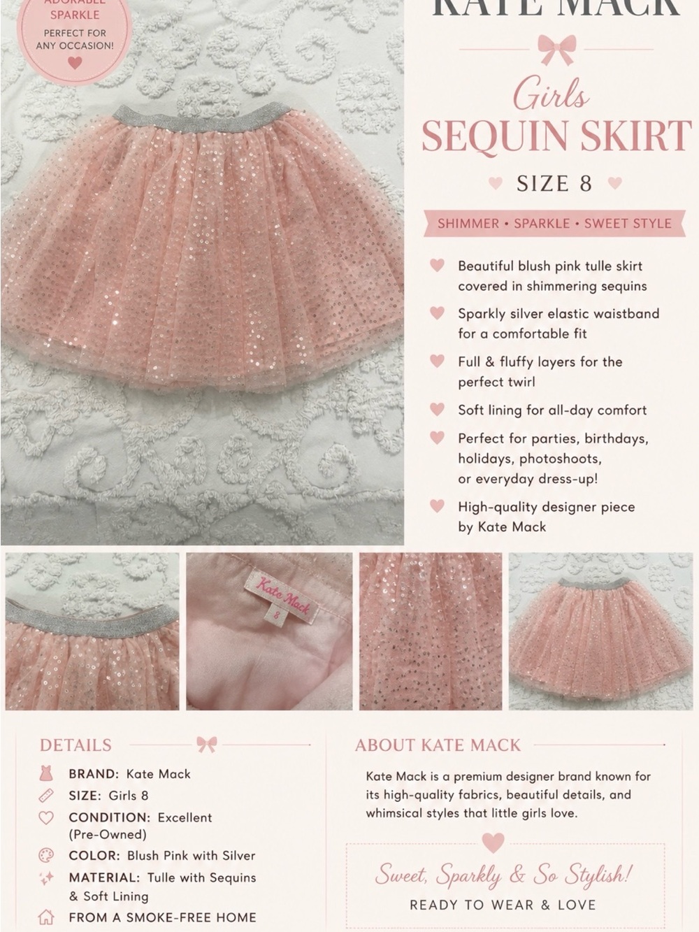 Kate Mack Blush Pink Sequin Tulle Skirt with Silver Waistband